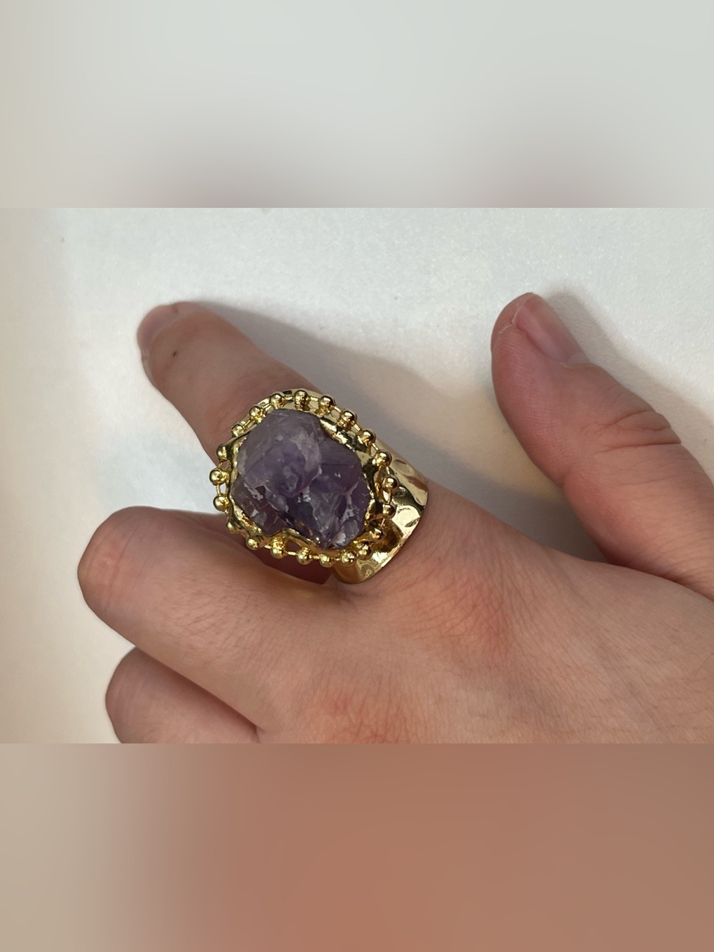 Fun chunky raw amethyst gold tone ring size 7